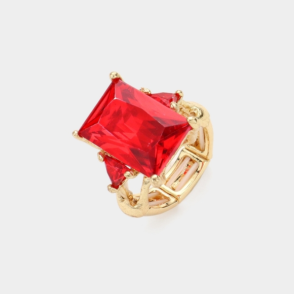 Red Gold Rectangle Cut Crystal Stretch Cocktail Ring Fashion Statement Jewelry - Picture 1 of 2